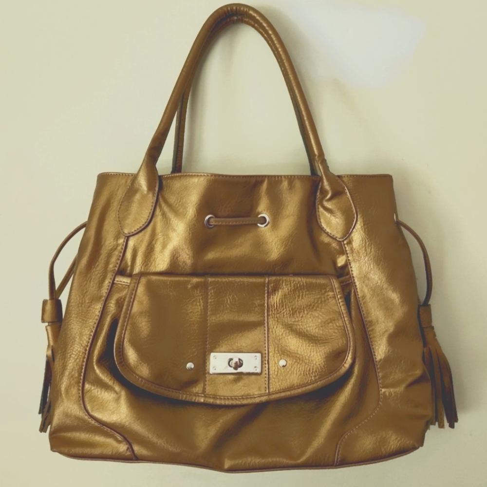 Gold faux leather purse with snake print interior